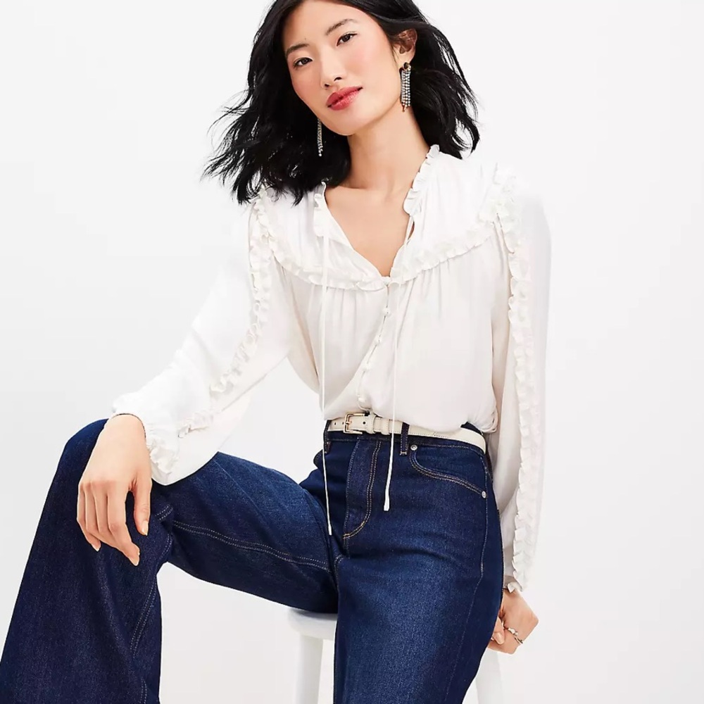 Loft ruffle tie neck button blouse NWT